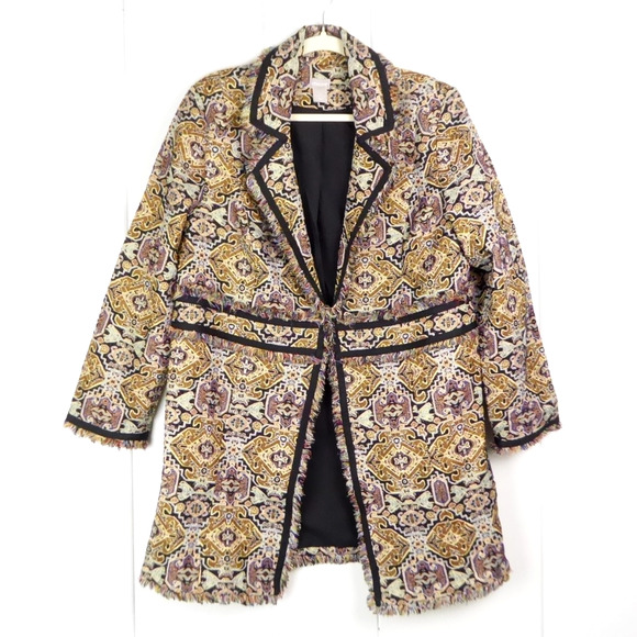 Chicos Coat Womens SZ 2 US L 12/14 Jacquard Fringe Trim Boho Retro Event Evening - Picture 1 of 12